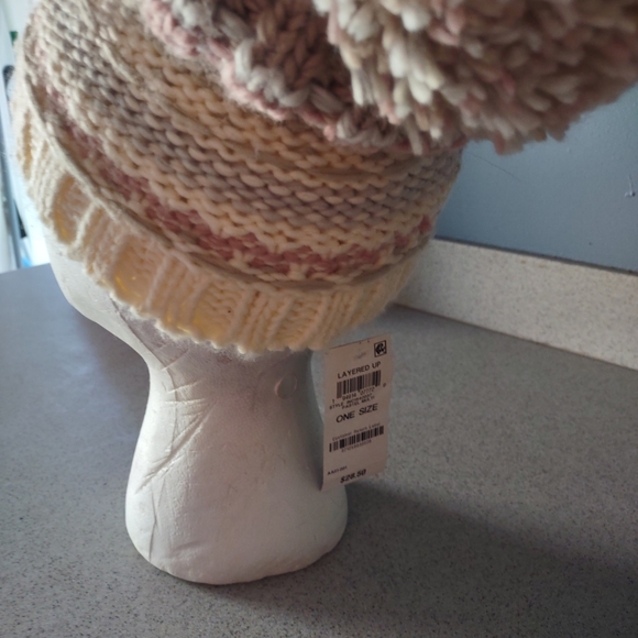 Inc International Concepts Colorblock Mega-Pom Beanie Ivory/Tan/Pink One Size - Picture 3 of 9